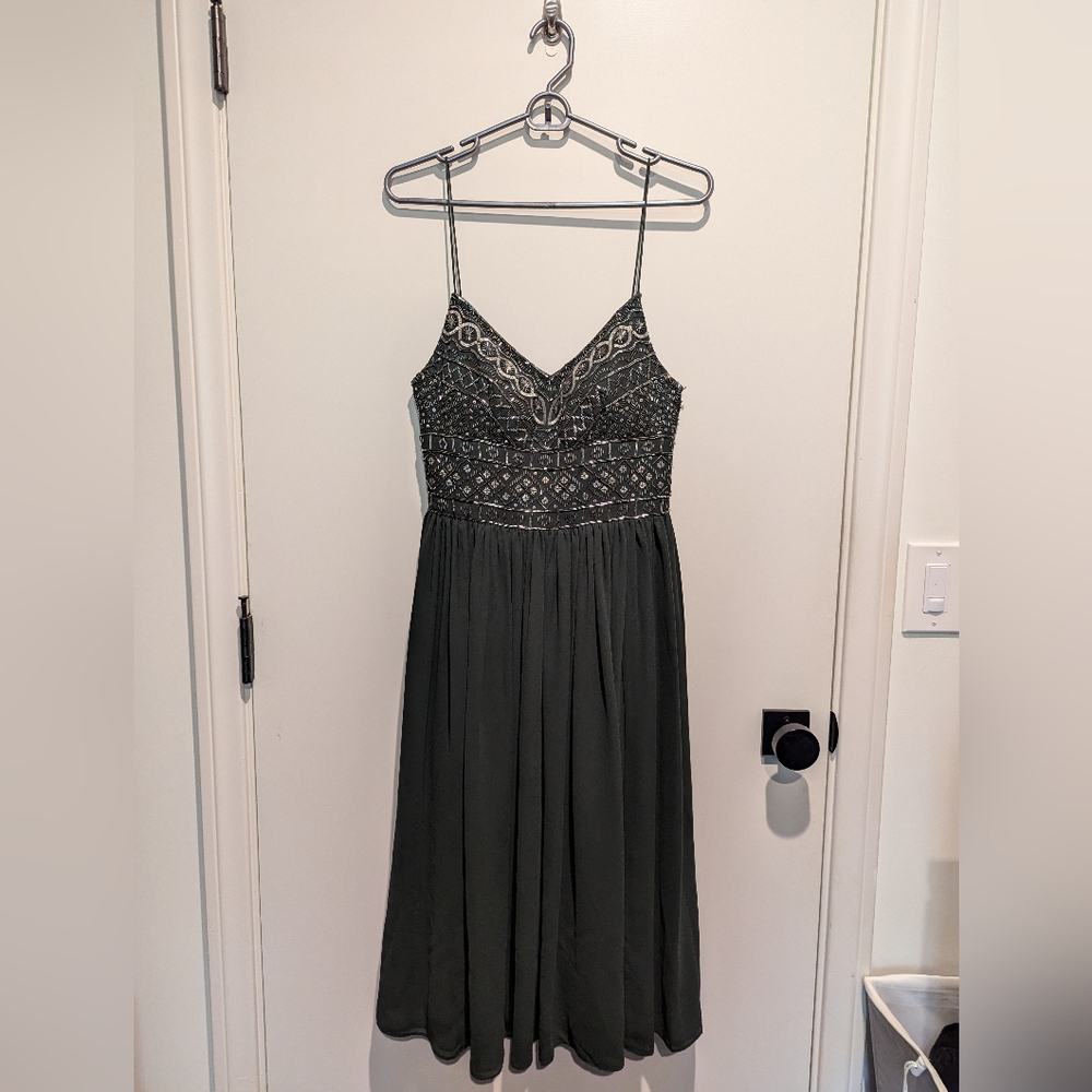 Anthropologie BHLDN Dark Green Beaded Dress Size 4